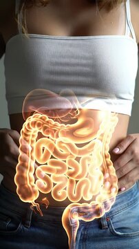 Human Digestive System Visualization on a Woman's Torso in White Top and Jeans for Medical Visualization and Anatomical Educational Use