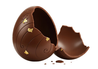 Isolated Cracked Chocolate Easter Egg with Gold Leaf