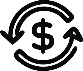 Circular arrows symbol with a dollar sign in the center indicating financial exchange or currency conversion