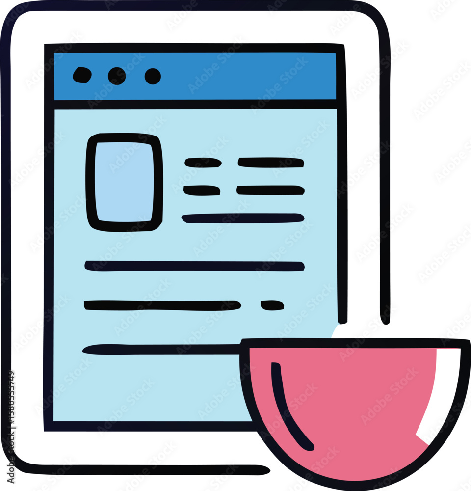 Fototapete stylized illustration of a tablet computer displaying a webpage with a pink semicircular shape below