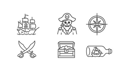 Obraz premium Pirate adventure icon set. nautical, treasure, exploration icons in outline style