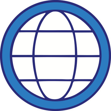 Stylized blue globe icon with parallel lines representing latitude and longitude on a white background