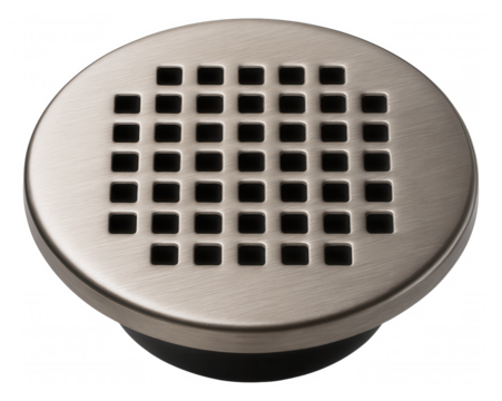 Round shower drain with a brushed nickel finish, ideal for a minimalist apartment bathroom.