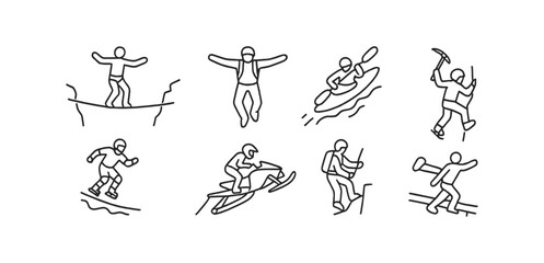 Fototapeta premium Adventure sports outline icon set. hiking, skiing, climbing, surfing illustrations