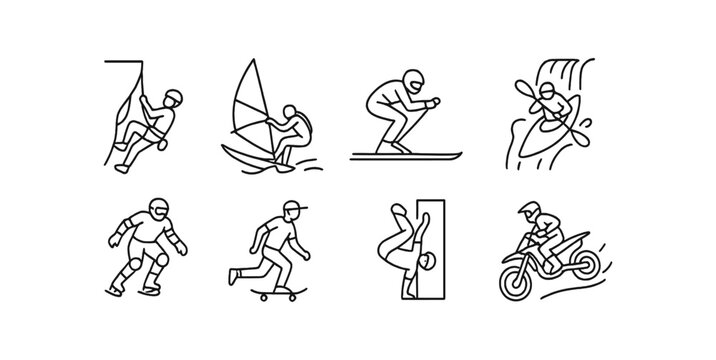 Sports and adventure icon set. extreme sports activities collection in line style