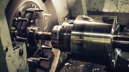 Skilled CNC lathe operator monitoring precision machining of metal parts, adjusting controls, checking measurements with calipers, and ensuring accuracy on the factory floor