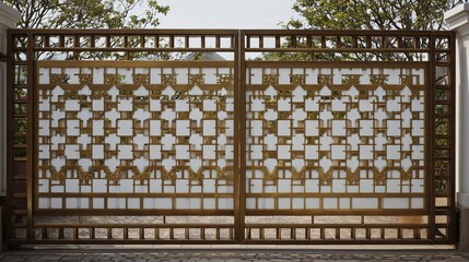 Naklejka premium Elegant decorative gate with intricate metalwork and a modern design, surrounded by greenery.