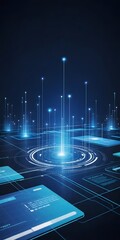 Blue Technology Backdrop with Floating Holographic Data Points, Interconnected Network Nodes, and Futuristic Digital User Interface Elements
