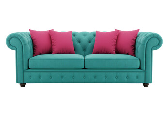 Isolated Turquoise Chesterfield Sofa with Pink Cushions