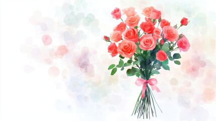 Beautiful bouquet of pink roses with green leaves, tied with ribbon, set against soft watercolor background. This artwork evokes feelings of love