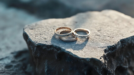 Close-up of gold wedding rings resting on a textured rocky surface photographed in hyper-realistic style with high detail and crisp 8k resolution for classic beauty

