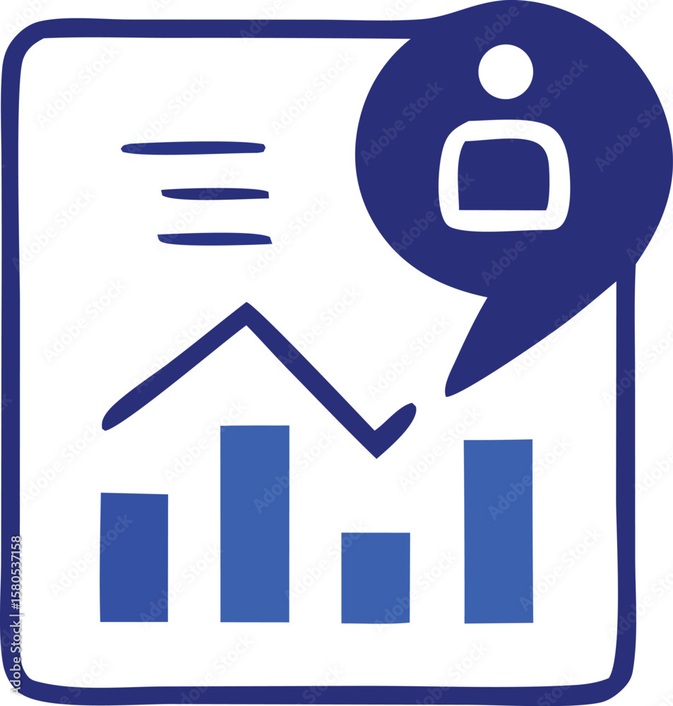 Poster abstract graphic representation of a business report with a bar chart and a speech bubble containing