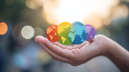 A hand holding colorful globes symbolizing global unity and environmental awareness.