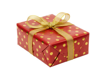 Isolated Red Gift Box with Gold Polka Dots and Ribbon