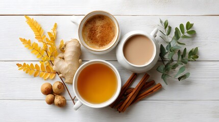 Spiced Autumn Drink Trio with Natural Elements – Seasonal Beverage Still Life Blending Cozy Warmth, Botanical Calm, and Sensory Ritual
