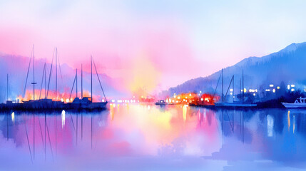 Serene watercolor painting depicting tranquil harbor at sunset, with vibrant colors reflecting on water surface