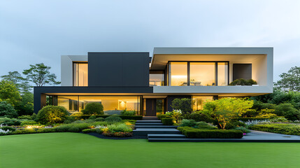 Modern house with beautiful garden full of blooming lavender