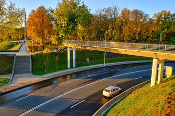 Autumn Sunset over Parkova Road and a Bridge in Kyiv