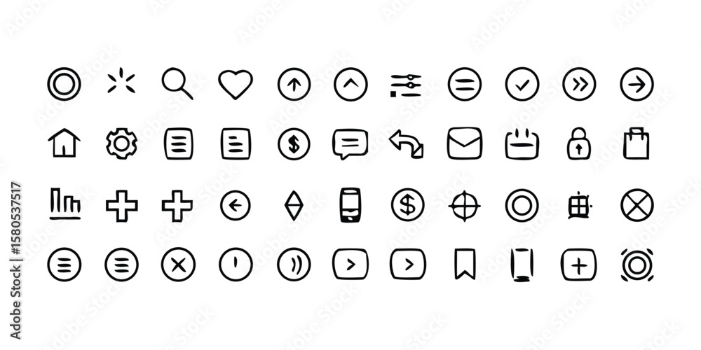 Fototapete Comprehensive Set of 95 Basic Outline Icons for UI UX Design on Transparent Background A versatile collection for web and app development with easy customization