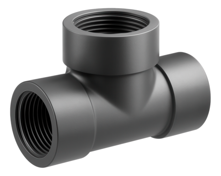 A PVC tee fitting used to split water flow into two directions in an apartment's irrigation setup.