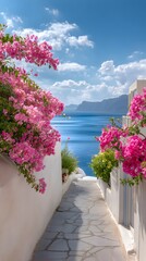Seaside Garden Path with Pink Blooms – Mediterranean Scene Reflecting Floral Serenity, Cultural Escape, and Slow Coastal Wanderings