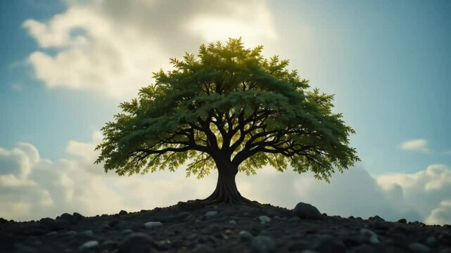 A tree growing on the ground with the sun behind it. commemoration of World Earth Day. 4k video