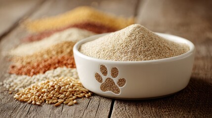 Grain Pile Resembling Paw Shape With Food Bowl Nearby on Rustic Wooden Surface