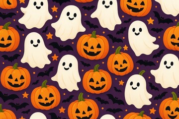 Halloween Pattern Delight with Ghosts and Pumpkins on a Purple Night Background