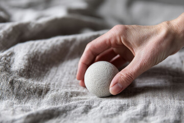 Hand gently touching smooth round stone on soft textured fabric, creating calm and peaceful atmosphere with natural light and neutral tones