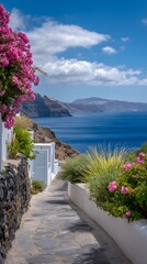 Mediterranean Garden Gateway – Scenic Coastal Pathway with Pink Blossoms, Stone Wall, and Sea View Evoking Slow Holiday Rituals