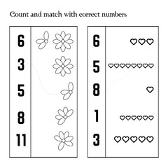 2 black and white tasks for kids. Flowers and hearts. Count the petals of the flower and hearts and connect them with the correct number. Puzzle template "How many?" in outline. Vector illustration.