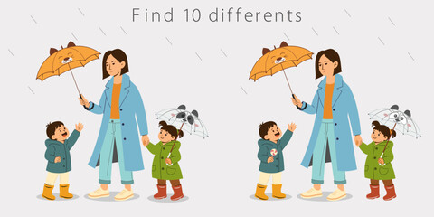 Colorful game for children: find 10 differences. Motherhood. Fun with children for attentiveness. Children's development. Vector illustration