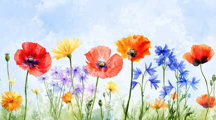 Vibrant watercolor illustration of wildflowers various colors, including red, yellow, and blue, set against soft blue sky. scene evokes sense