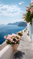 Mediterranean Flowered Promenade – Serene Coastal Scene with Stone Path, Pink Blooms, and Sea Horizon Evoking Slow Travel and Sunny Calm