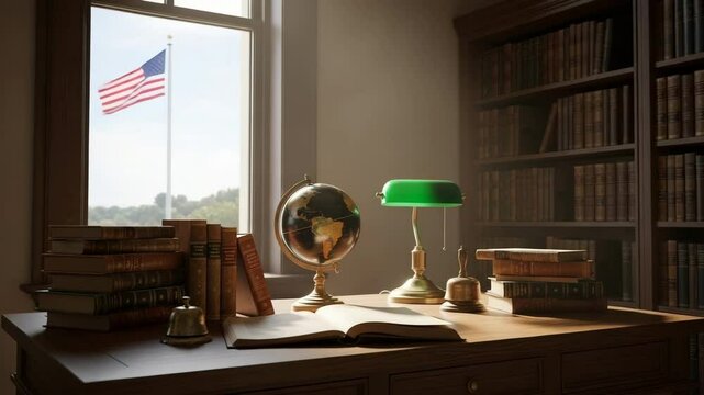 Vintage study room with globe, books, and green lamp illuminated by natural light