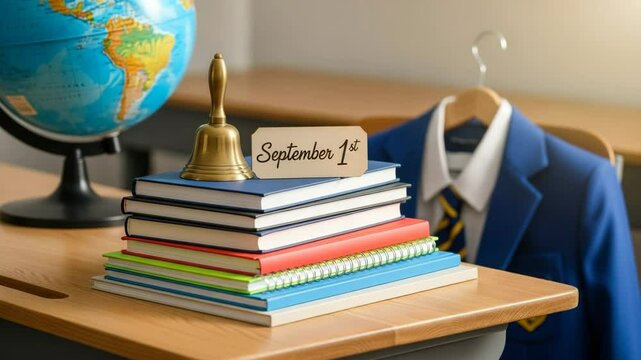 Stack of colorful notebooks with school bell and uniform in classroom setting for education theme