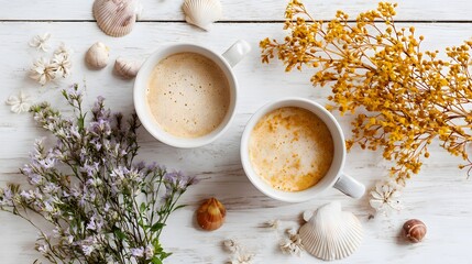Seashell Tabletop with Flowers and Coffee – Serene Still Life Celebrating Leisure Rituals, Nature Calm, and Visual Harmony in Everyday Pause