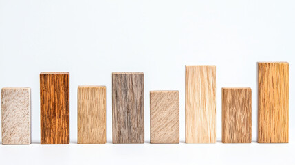Wooden blocks in various shades arranged in line, showcasing natural textures and colors, perfect for creative projects