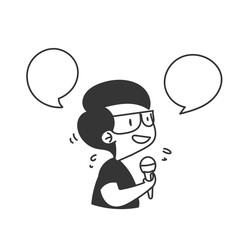 cute glasses person holding mic and bubble talk in doodle cartoon