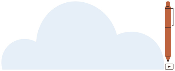 Large blue cloud with a triangular play button and orange pen on the side. Ideal for creativity, cloud storage, digital content, design ideas, innovation, teamwork, remote work, simple flat metaphor