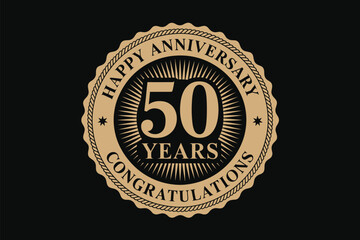 gold 50-year anniversary badge with scalloped edge on black background, featuring elegant typography and celebratory “congratulations” text