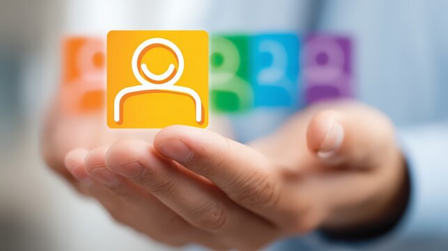 A person holding colorful icons representing digital profiles and user connections.