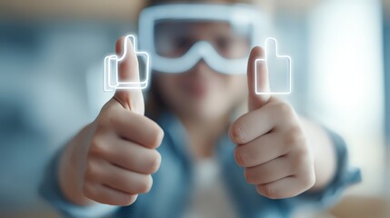 A person shows thumbs up with virtual reality glasses, representing positive engagement.