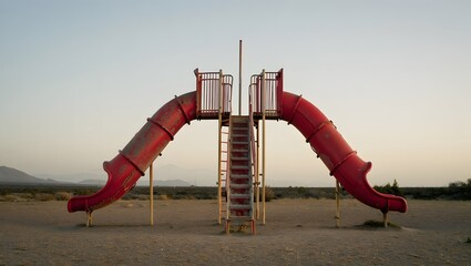 Explore abandoned playground equipment red slide in desert landscape at sunset time