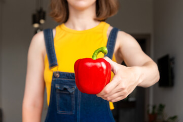 Man holding red pepper in hand. Female farmer holding pepper harvest in hand, selective focus....