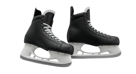 A pair of black ice hockey skates with white laces and blades on a plain white background isolated