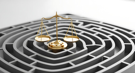 A golden scale of justice resting within a complex maze.