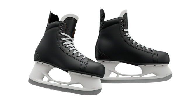 A pair of black ice hockey skates with white laces and blades on a plain white background isolated