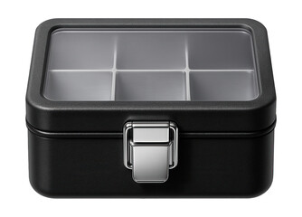 Compact metal sectioned container with a locking mechanism, ideal for organizing screws and nails in a home garage.