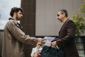 Two businessmen are exchanging paperwork outside in an urban environment, demonstrating...
